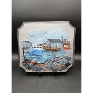 Vintage Original Seascape Fishing Village Marina Painting Nova Scotia Signed
